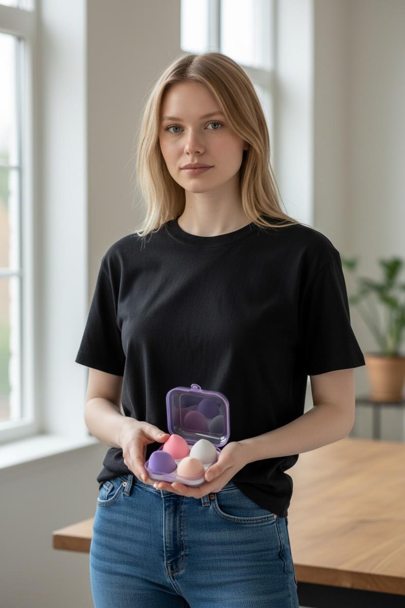 4-piece makeup sponge set with purple case