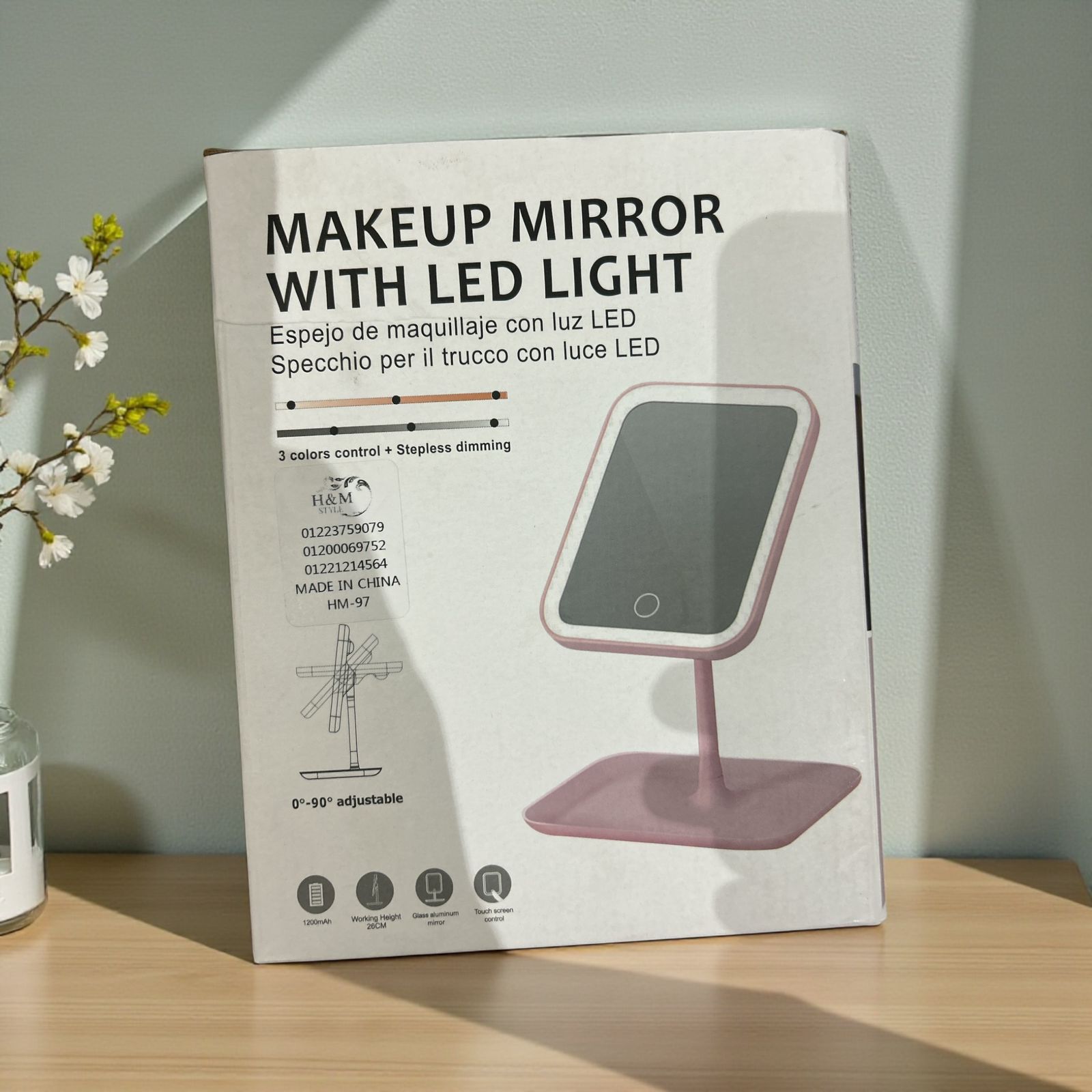 Led Makeup Mirror with touch screen, 3 colors control and storage tray.