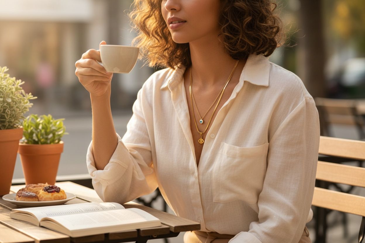 A gold snake back necklace with eye and white circle