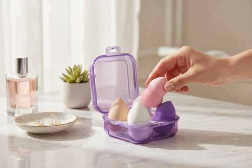 4-piece makeup sponge set with purple case