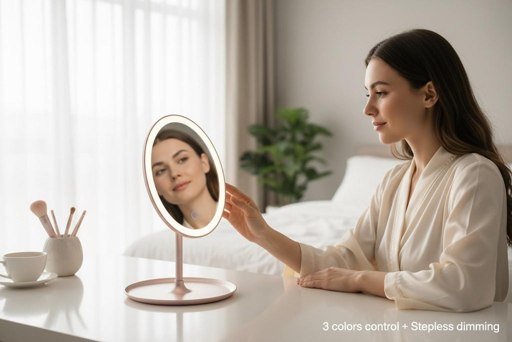 Led Makeup Mirror with touch screen, 3 colors control and storage tray.