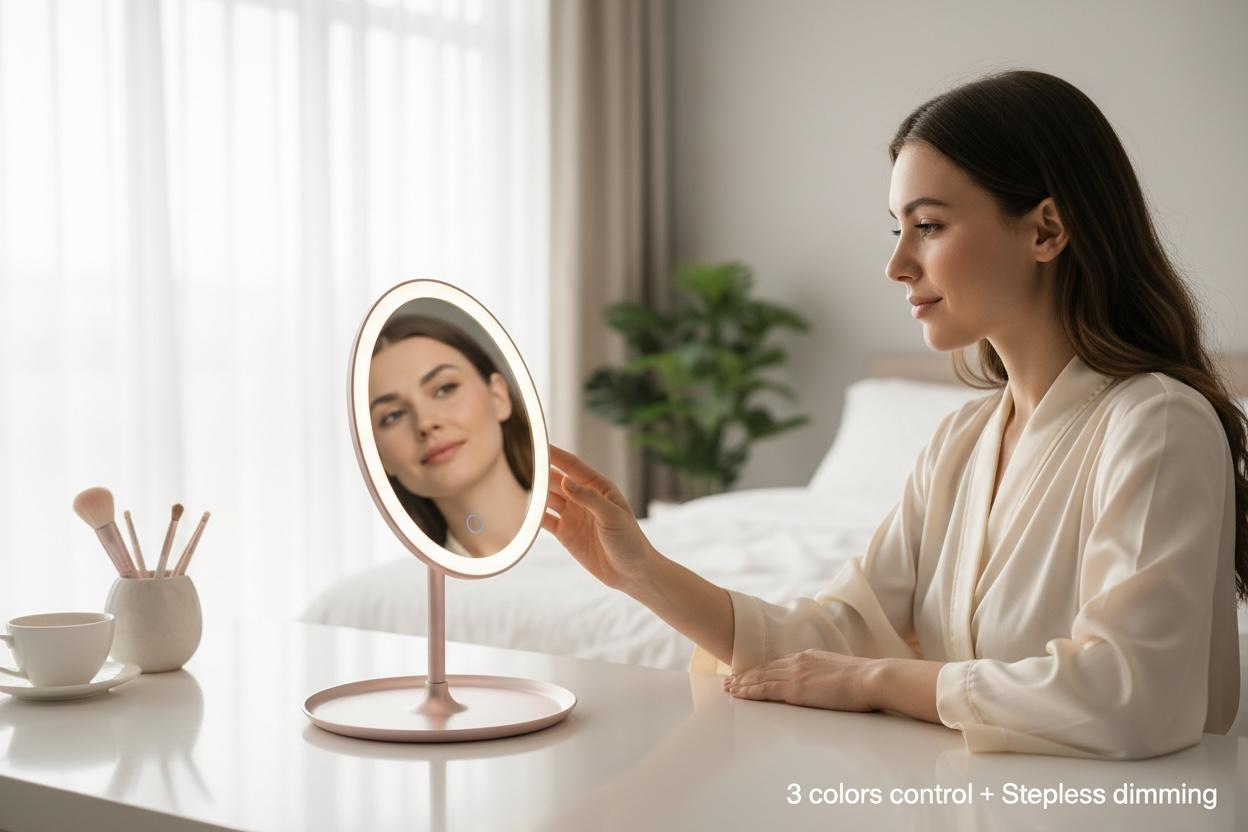 Led Makeup Mirror with touch screen, 3 colors control and storage tray.