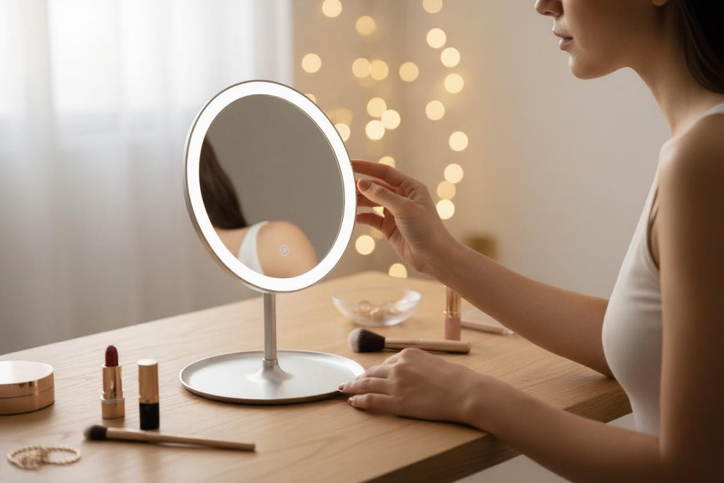 Led Makeup Mirror with touch screen, 3 colors control and storage tray.