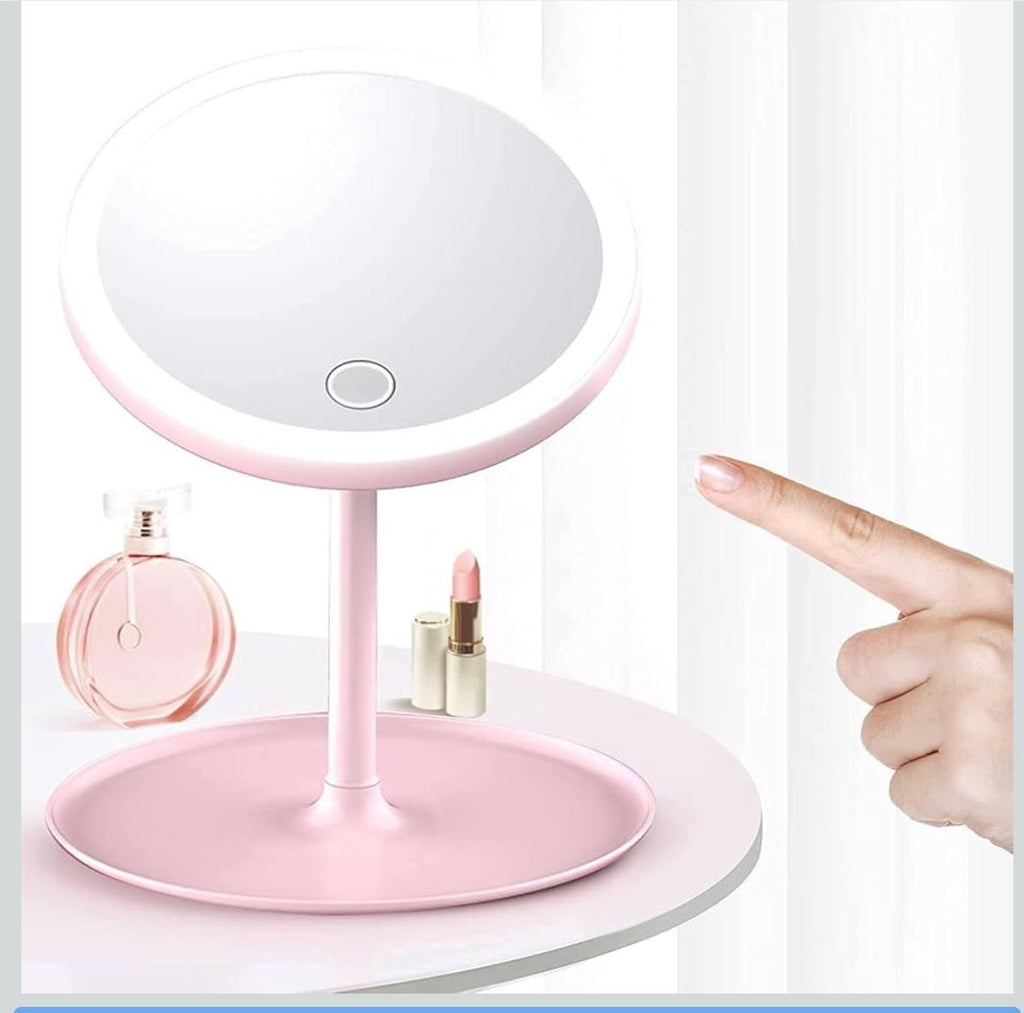 Led Makeup Mirror with touch screen, 3 colors control and storage tray.