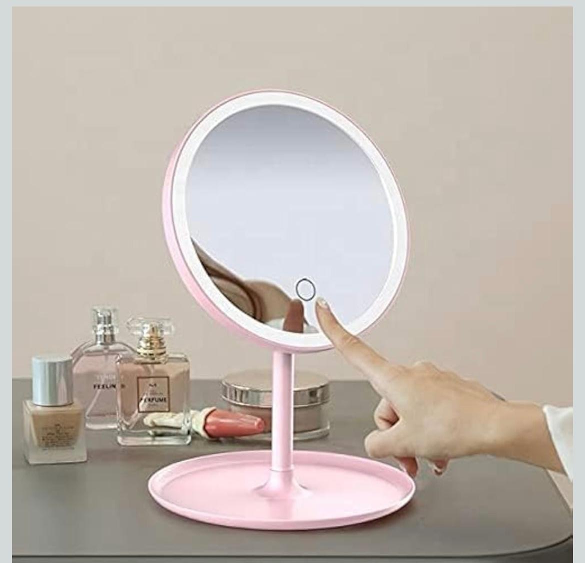Led Makeup Mirror with touch screen, 3 colors control and storage tray.