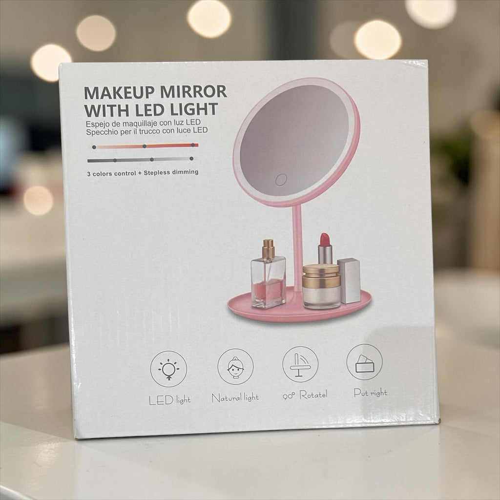 Led Makeup Mirror with touch screen, 3 colors control and storage tray.