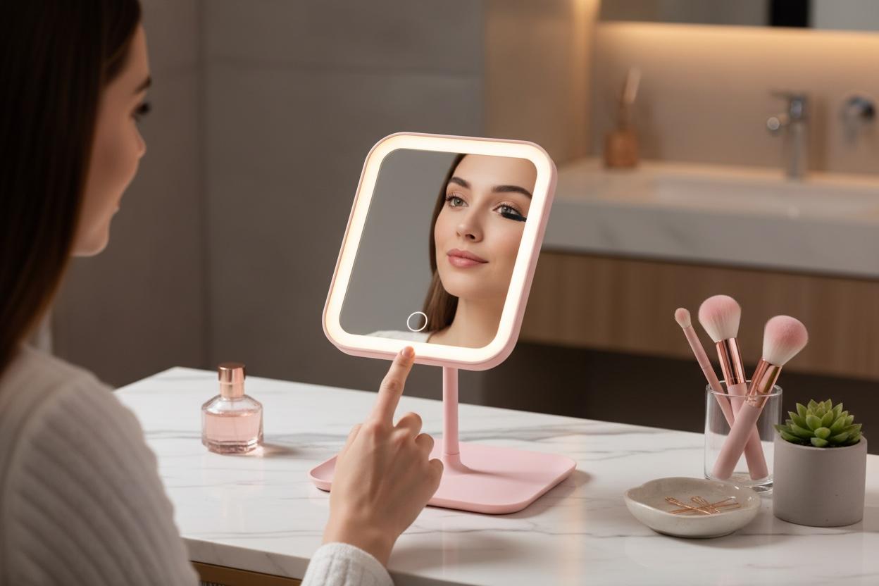 Led Makeup Mirror with touch screen, 3 colors control and storage tray.